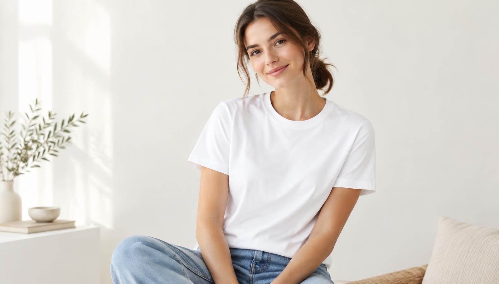 Woman wearing a premium white cotton t-shirt